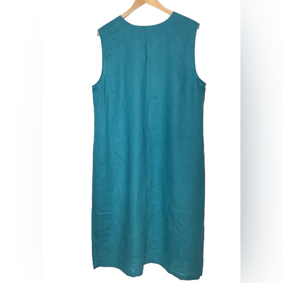 Mondo Bellisimo Handmade Teal Blue Linen V Neck Midi Sleeveless Shift Dress NWOT - Picture 6 of 9